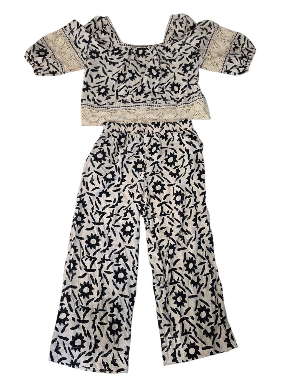 Christian Siriano Boho Floral Two Piece Set Crochet Trim  Wide Leg Pants Size S
